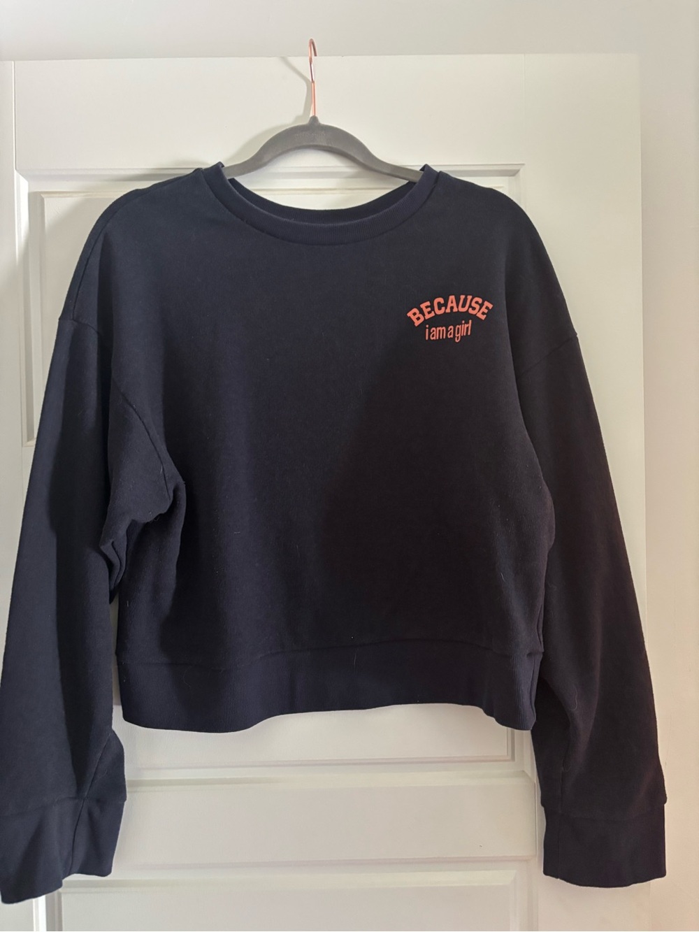NaNa Navy Cropped Crewneck Sweatshirt with Coral Chest Print